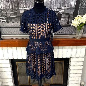 Bloomindale’s Aqua Women Dress Navy Blue Crochet Short Sleeve Large Crew Neck